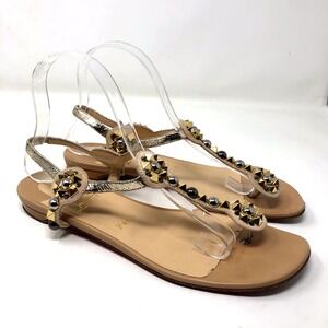 Christian Louboutin Flat Sandals Womens 40 US 9 Beige Leather Studded Edgy